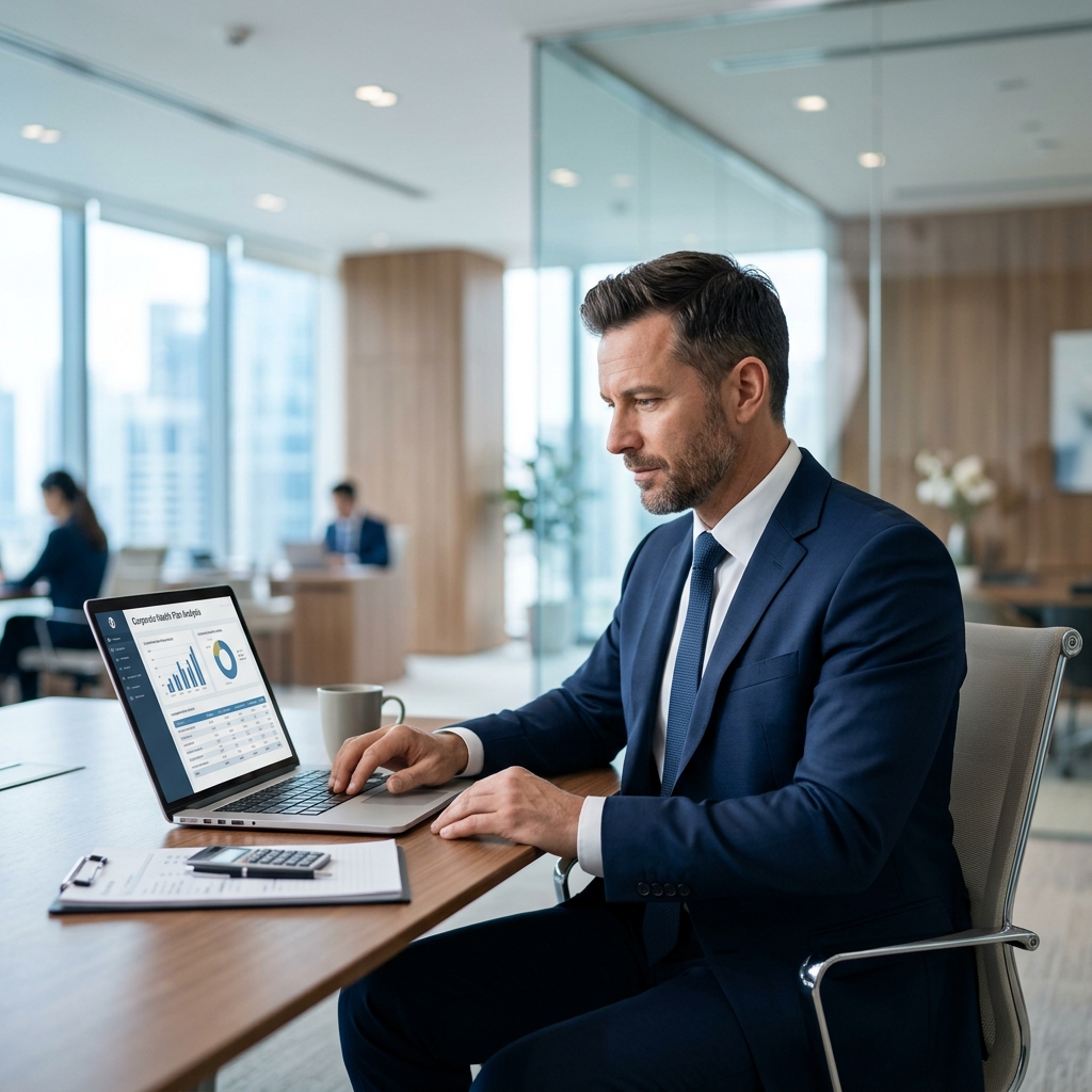 Consultor empresarial analisando opções de plano de saúde